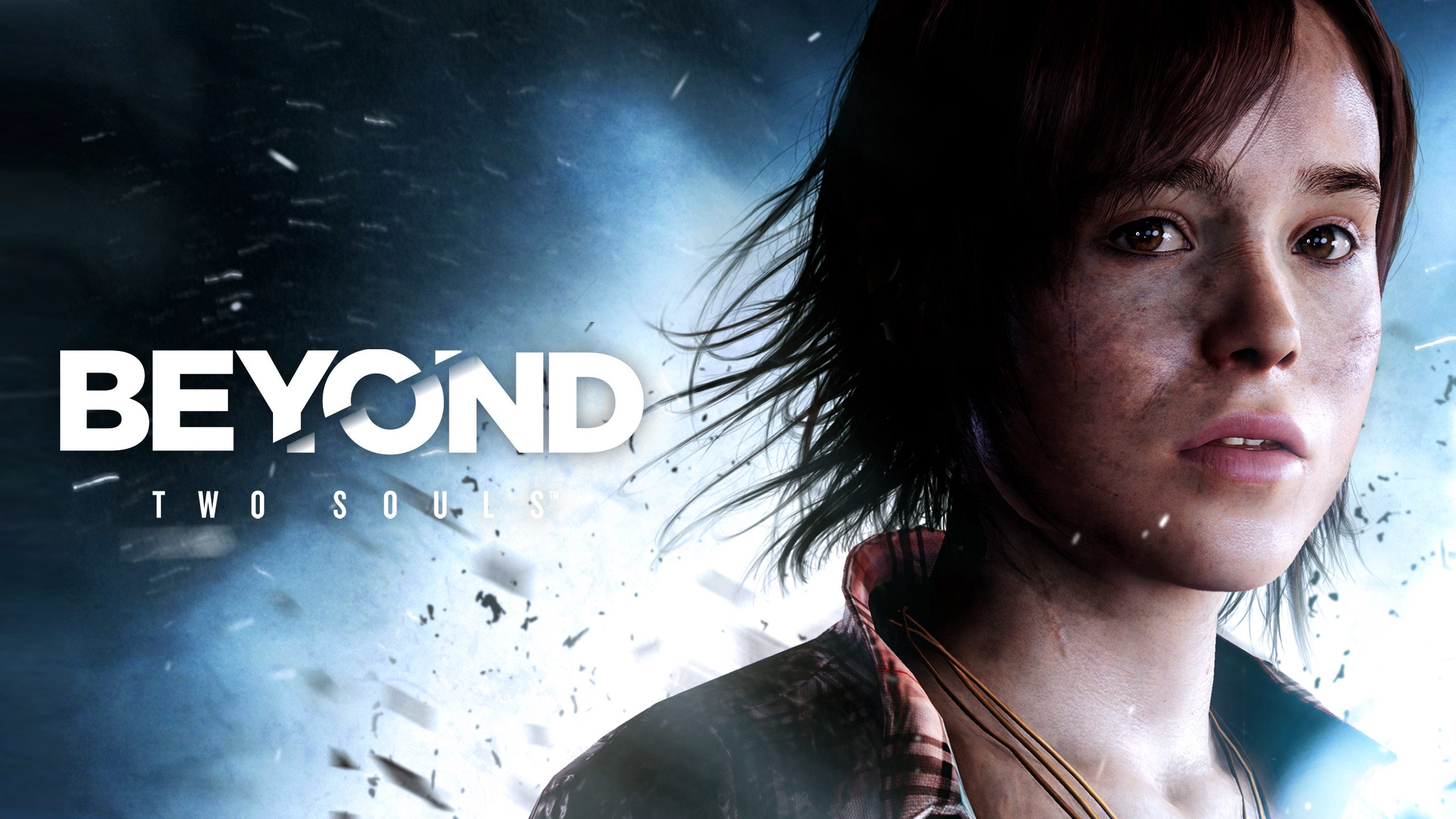 The image showcases a close-up of a young woman with an intense expression, framed against a blue, swirling background. The title "BEYOND TWO SOULS" is displayed in bold, white letters at the bottom, enhancing the dramatic feel of the scene.