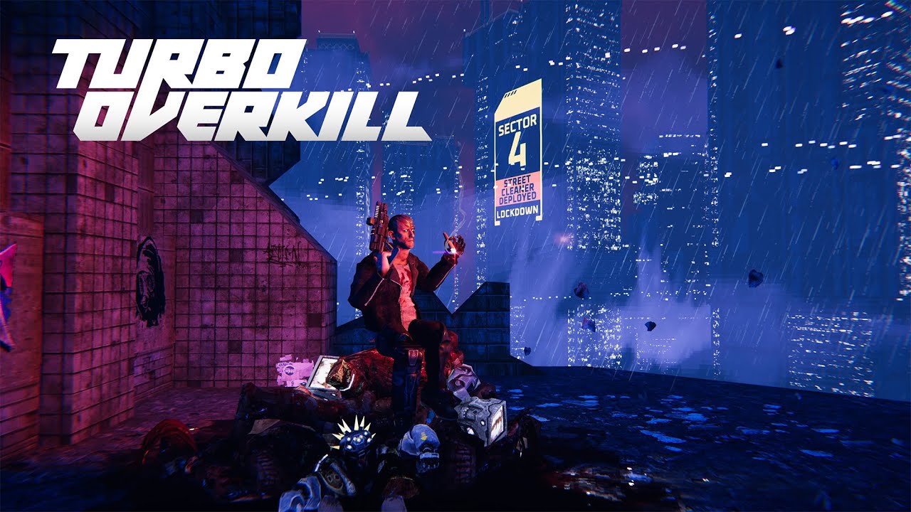 A man sits on a pile of debris in a futuristic cityscape, holding a weapon, with rain and neon lights in the background.