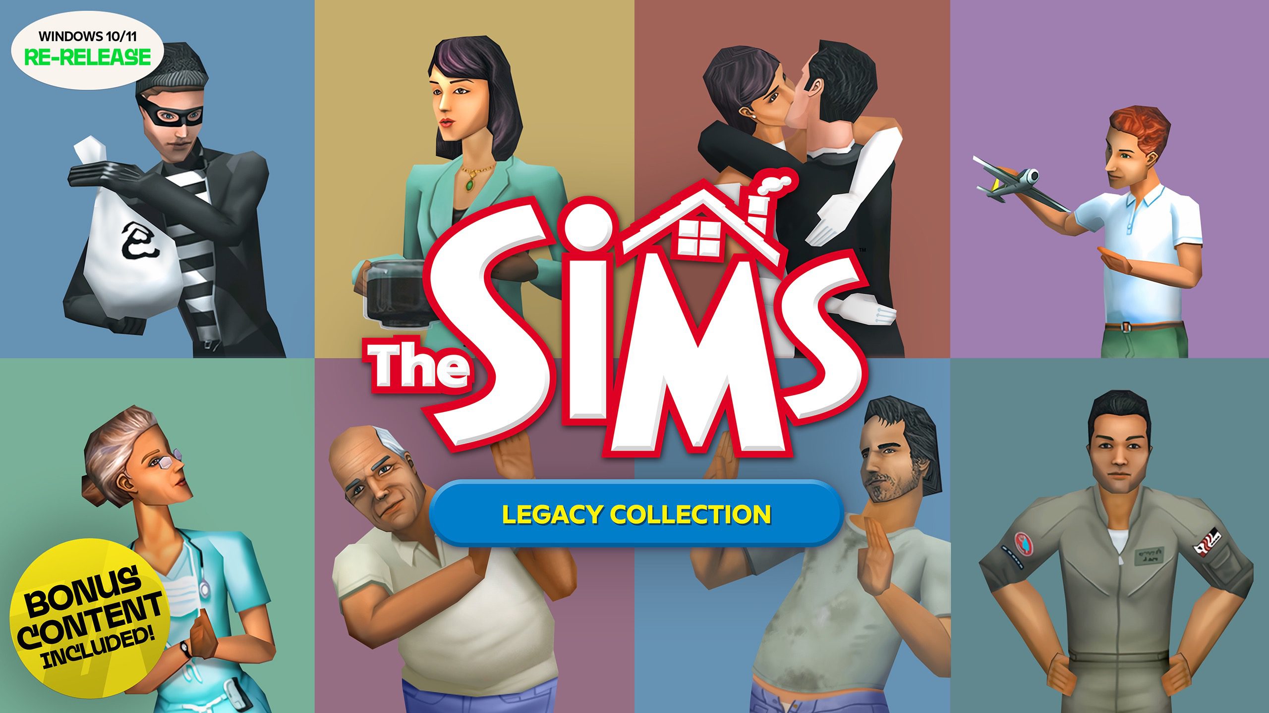 Promo image for "The Sims Legacy Collection" with characters in various outfits and poses.