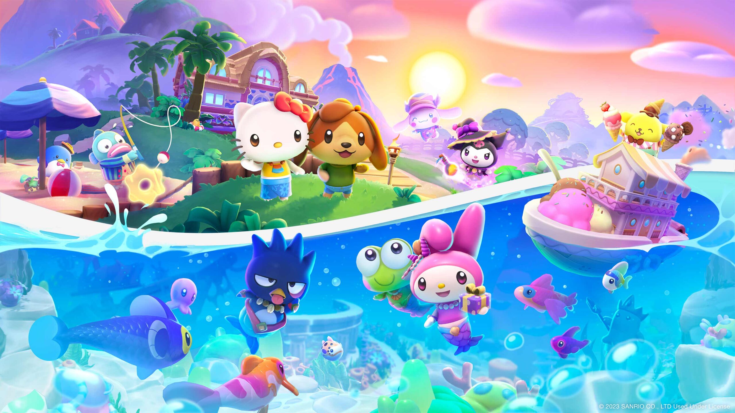 Colorful illustration of Sanrio characters on land and underwater in a whimsical, fantasy setting.