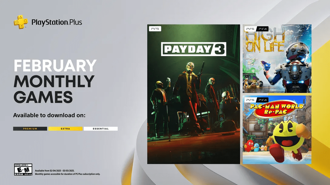 Ad for PlayStation Plus February Monthly Games featuring PAYDAY 3 and two other game covers.