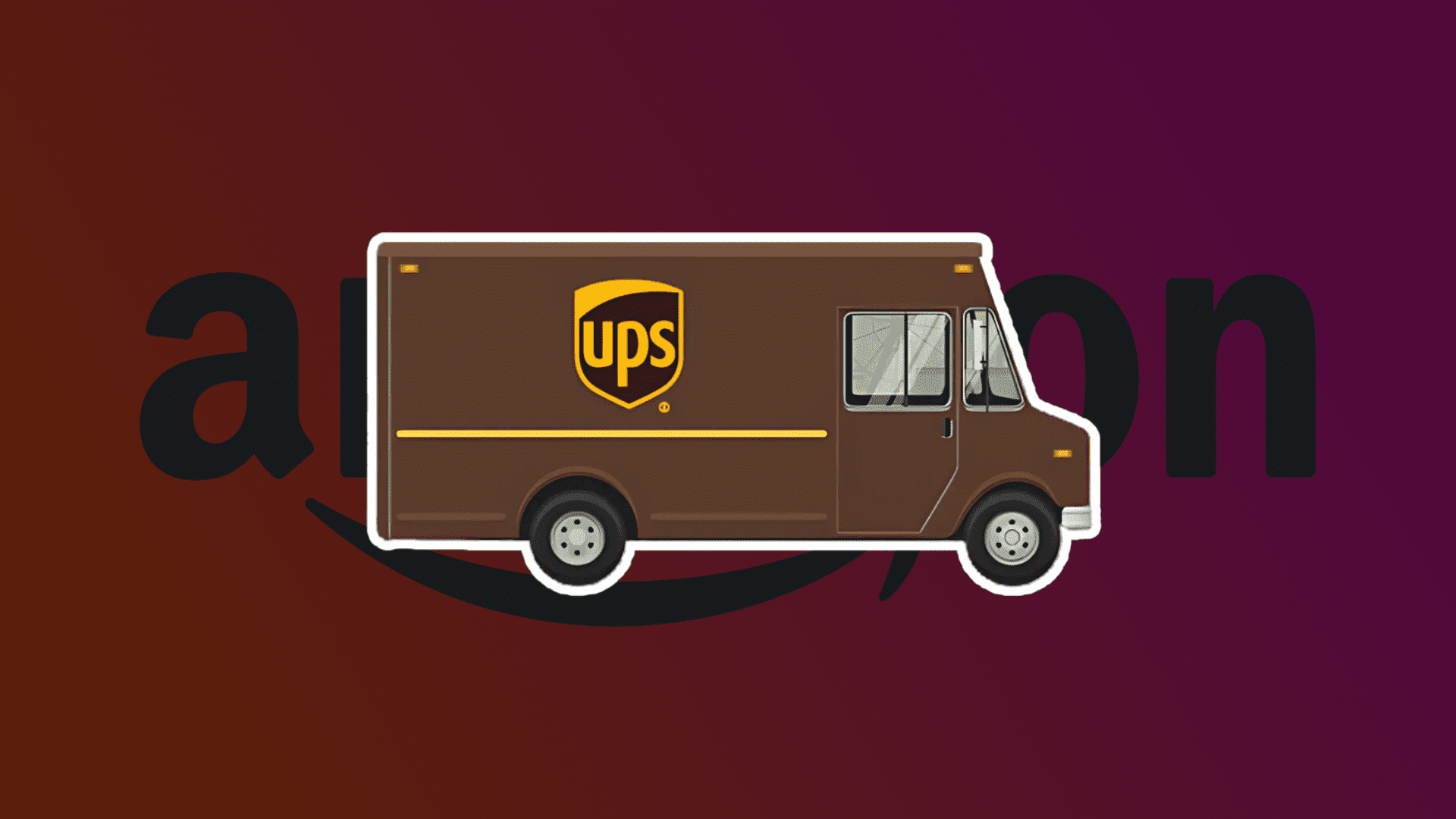 A brown UPS delivery truck is positioned against a background featuring the Amazon logo in dark colors.